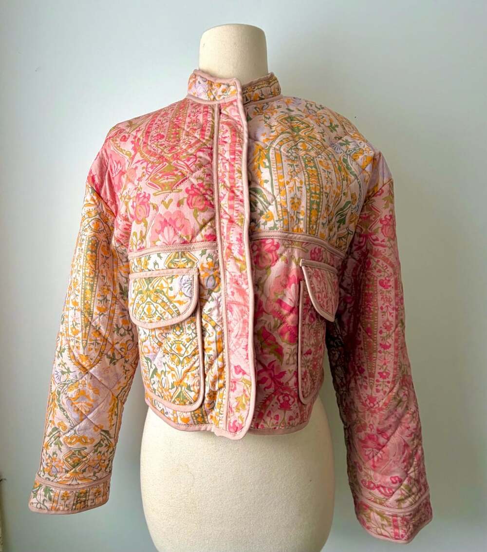 7 For All Mankind Quilted Patchwork Cropped Jacket Pink Floral Print